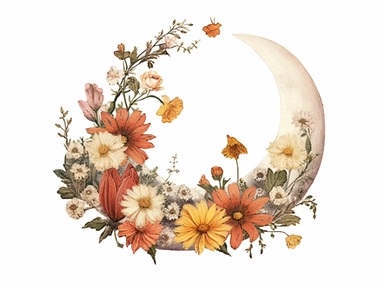 vintage pressed flowers, in a crescent moon shape, for a T-shirt graphic, minimalist, white background with margins, clipart style