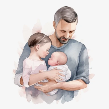 watercolor clipart of first time fathers holding their newborn baby daughters, happy, proud