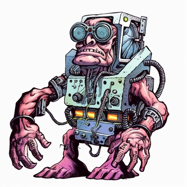 helpful bashful machine troll cyborg, dark electric aura, Basil Wolverton Josh Kirby Dave Gibbons, handpainted enamel punk zine indie retrowave, clipart illustration, solid white background