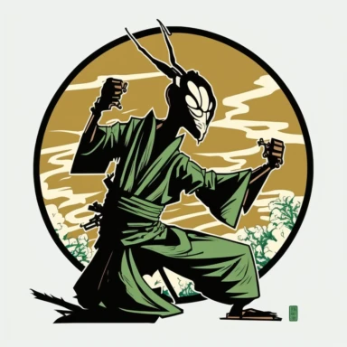 praying mantis doing kung fu tattoo design, Mike Giant style, flat, clipart
