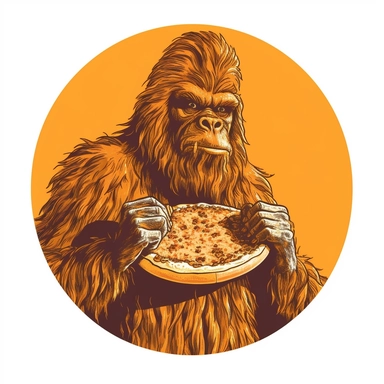 sasquatch clipart holding pizza, eating huge pizza, one color design, screenprint