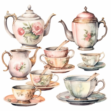 Watercolor vintage china porcailain tea set, illustrations clipart set, simple, soft colors, cartoon elements, different variants, teapot, sugar bowl, jug of milk, , stacked china plates, tongs, china cup and saucer,napkin, stacked teacups, ,silver knife, ,silver fork, ,silver spoon,napkin, place holders, vase of flowers separate elements with a margin