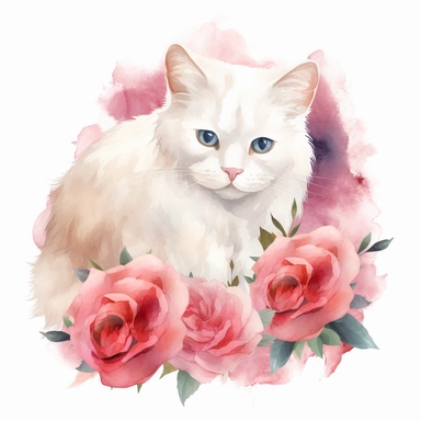 white fluffy cat with pink roses, Clipart pastel, style is watercolor, Adorable, Charming , Endearing , fluffy, Furry, Gentle, innocent Playful, Precious, soft, Sweet, Tender, Whimsical