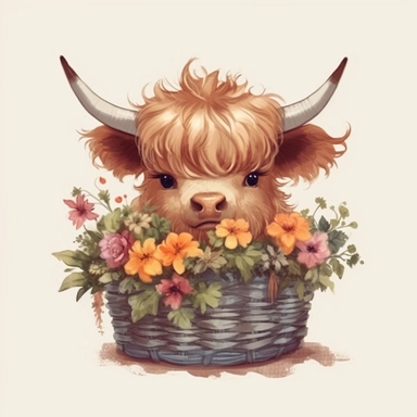 highland baby cow with floral blooms in a basket, clipart element, 4k