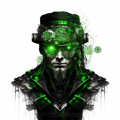 saint patrick day clipart A cyberpunk Leprechaun with glowing green eyes and metallic, cybernetic enhancements on a white background