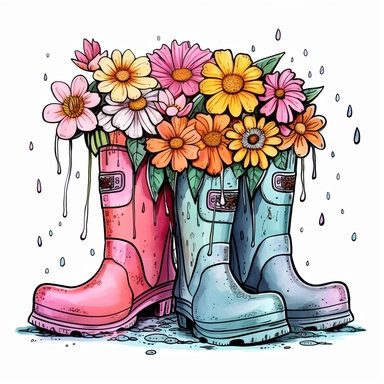 Spring Garden Rain Boots Design - Rain Boots with Flowers Clipart style by Lucy Fleming, watercolor, smooth gradients, black contour outline, ultra detailed, clipart elements, delicate pastel colors, solid white background, super clear, high quality