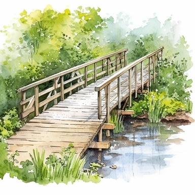 watercolour, wooden bridge over creek, summer, detailed, clipart white background