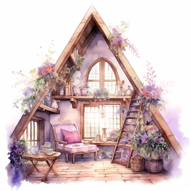 A fairytale style attic corner with watercolor effect,suitable for digital clipart,white background,magical flowers,magical scene,fairy vibrant colors,pink,purple,lavender,soft details