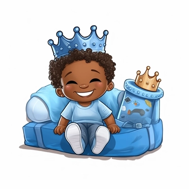 seameless isolated blue crown plush blue toy train, african- american boy happy illustrations clipart crisp white background