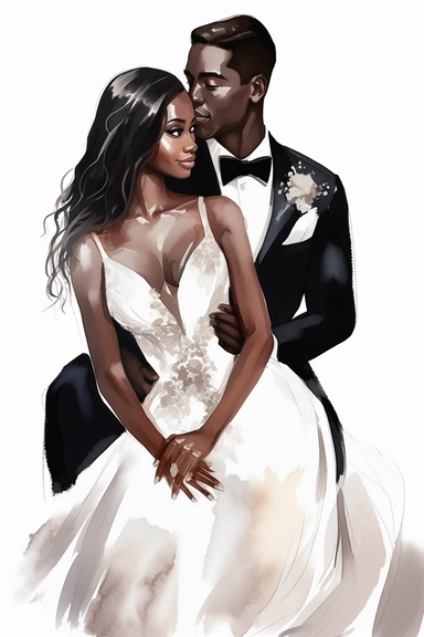 Black skin bride in a white wedding dress with diamonds and with beautiful jewelry, rich and glamour, long beautiful hair, beautiful lips and long eyelashes glamour and the groom in a tuxedo smile watercolor clipart
