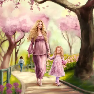 beautiful face, beautiful young pregnant mother, with long beautiful blonde hair and beautiful toddler daughter with beautiful long auburn hair holding hands walking in park, flowering trees, path lined with benches, highly detailed, realistic, fantasy, ethereal, soft colors, purple, pink and lilac, sharp focus, clipart style