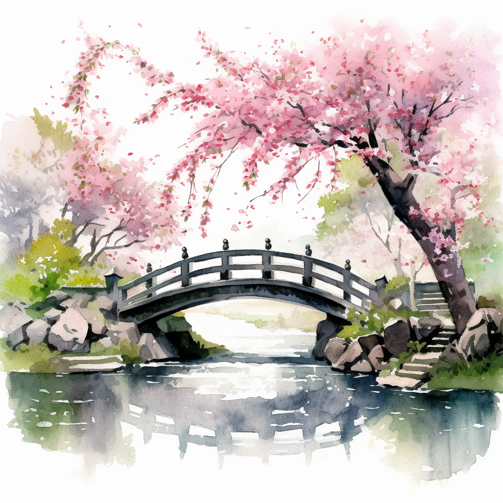 A serene watercolor blossoming cherry tree in full bloom, delicate pink ...