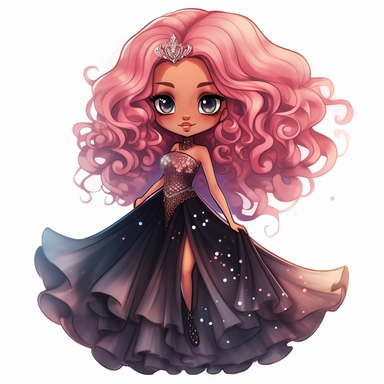A cute detailed black girl in chibi style, Jasmine Becket - Griffith style, watercolour illustration clipart with real glitter detail, wearing a beautiful pink full length ballgown style dress, the girl has long red hair, the girl has blue eyes, full body image, with feet isolated on a white background,