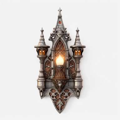castle wall sconce on white background, 3d, clip art, hyperrealistic, unreal engine 5, hd, 4k, fantasy, intricate, medieval