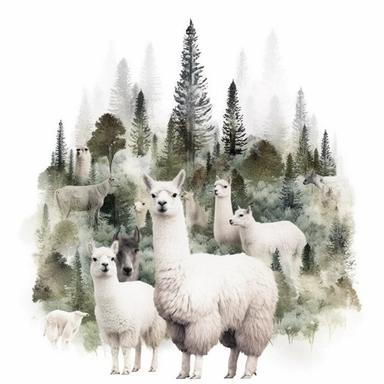 • collage quirky cool collage forest alpaca Vicugna pacos clipart, detailed, clean line, hd, on white background, spaced out