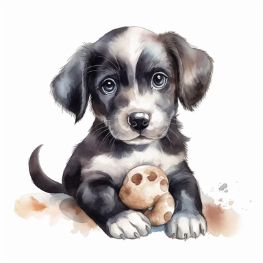 Watercolor puppy playing, with cuddly toy bone Clipart - cute puppy , Colour of black and silver, white background, vector art, high definition, clip art, ar 2:2