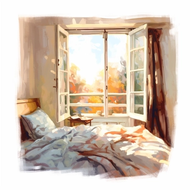 The morning sunlight shines into the window, and there is a bed in the room with oil paintings, White background, Clip Art Style
