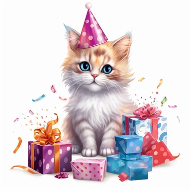 clipart style realistic looking happy cat wearing a party hat with birthday presents full body sitting up, transparent background