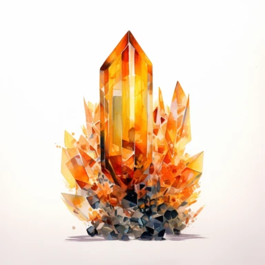A beautifully painted faceted crystal with a galaxy base double exposure, hues of captivating orange, yellow and black, stunningly beautiful, refined and sophisticated, Hand drawn, Roberto Ferri, Clipart, watercolor, white background, intricate detail