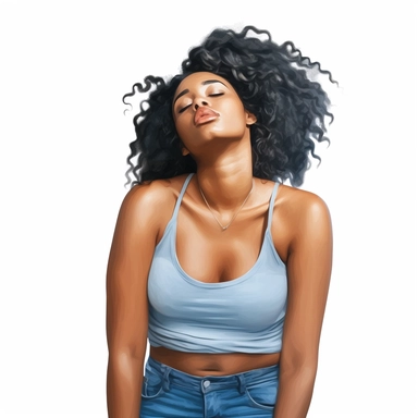 clipart of a thick body style, black woman with natural hair, eyes closed, fully body turned sideways, with hand in hair, wearing a tank top and distressed blue jeans, white background