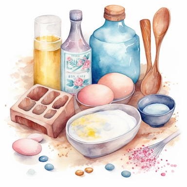 Design a watercolor clipart image of a set of baking ingredients, including flour, sugar, and eggs. Use pastel shades of pink, blue, and yellow to create a soft and inviting palette, and include plenty of texture and detail to make the ingredients look tactile and realistic, white background