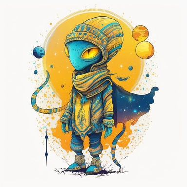 Boho style illustration, clipart, sublimation picture Alien winner in yellow-blue color. Bright colorful colors. White empty background, high quality 8k, quality detail