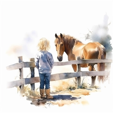 watercolor photo of a small child looks at a horse that stands behind a fence, warm sunlight, hyper realistic, isolated white background, 8k, ultra detailed clipart, warm green
