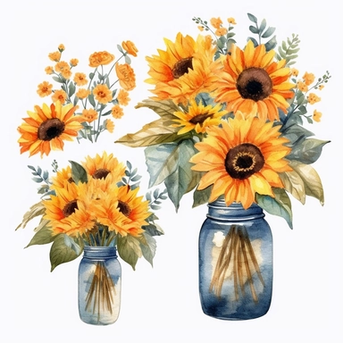 Watercolor Sunflowers Clipart , and flowers set in mason jars, fall sunflower floral bouquets in PNG format instant download for commercial use