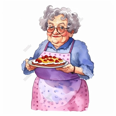 Granny with cake, Grandma, illustration, extremely detailed, illustration clipart, on white background, watercolor