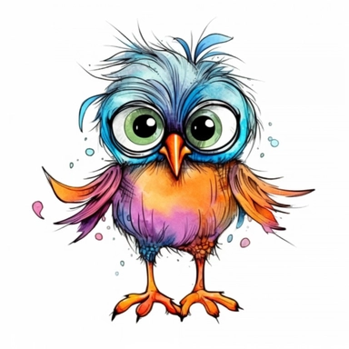 Funny colorful cartoon bird like a pompon clipart with big beautiful eyes and long beautiful legs, distinct fine details, watercolor technique, black contour lines
