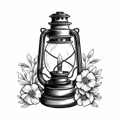 kerosene lamp clipart with flowers in cutesy style drawing photorealistic, crisp and clear lines,black and white color, concept art with white background and isolated centered image, 8k, no city background