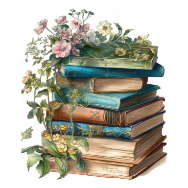 Clipart, stack vintage books, floral, hyper detailed, hyper realistic, marsh green/blue, victorian era, watercolor, fantasy, amazing colour compilation, countrycore, white background,