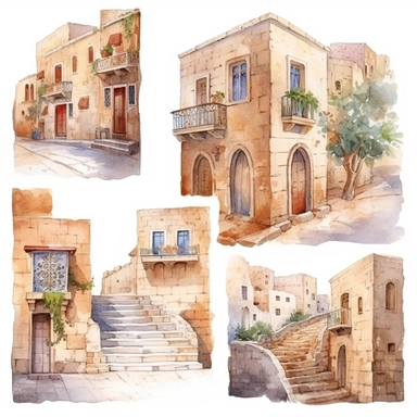 watercolor mardin town in turkiye, illustrations clipart set, simple, , cartoon elements ,different variants , historic stone houses,historic buildings, cobblestone lanes, tone facades of the buildings, Mardin's stone Alleyways separate elements with a margin