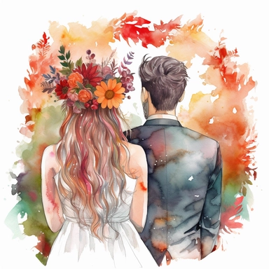 watercolor the middle of the couple New with arms around in the park back view Bridal veil with Dahlias flowers and leaves adorning her hair. hair up with flowers vividly bold designs png realistic cartoon in 32K UHD cute. 15 cm thick outline. Black color. There was no shadow on the ground. 8k with realistic watercolors. and detailed illustrations. PNG clipart, transparent white background