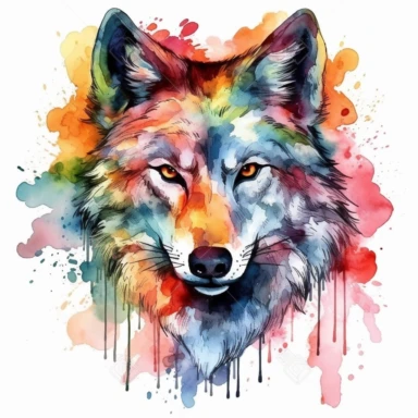 A wolf's head or a full-body image, symbolizing strength, courage, and leadership, fire, watercolor art, clipart