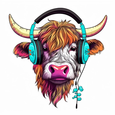 Cute Beautiful Retro 90s Color Cow Long Hair wearing headphones Sublimation Clipart,Cartoon, hyper realistic, intricate detail, illustration style,high solution,on the white background