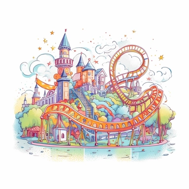 Simple playful pastel sketch, clipart, amusement park with roller coaster, cartoon, vibrant colors, childrens book, trending on etsy, white background