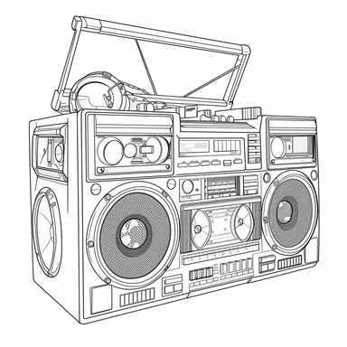 A classic boombox with speakers, embodying the portable music culture that helped popularize rap music in its early days. Clipart style with white background. Coloring sheet style with white background. solid lines no colors.