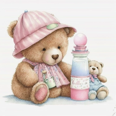 an ultra Cute little newborn baby teddy bear wearing pink traditional classic striped pyjamas and bedtime hat with a pink baby bottle of milk and a pink pacifier sitting on a pink fluffy rug, watercolour, cute,, bedtime, sleepy, dreamy, isolated on white background, nursery Clipart, Clipart