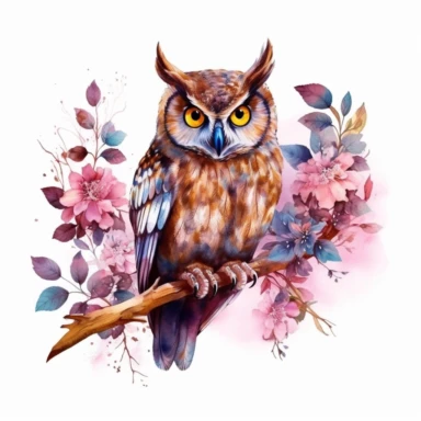 floral brown owl sitting on a branch clipart, watercolor technique, 8k detailed digital art, bright, colorful, soft lightning, sharp clear focus, detailed, sharp, on a white background