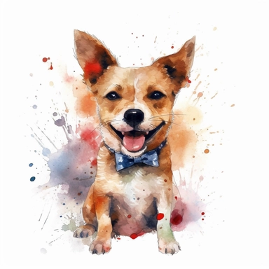 a moving dog dressed up, dressed up, happy smiling face, cute animal, adorable, playful atitude, adorable watercolor animal clipart, no background, high quality and very sharp image with clear focus