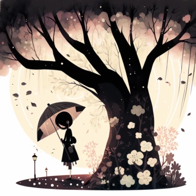 in the style of Ryo Takemasa, xuan loc xuan, Lisa Audit, Anastasia Suvorova, Jon Klassen, greg tocchini, single lady under sakura tree at night, fantasy, limpid, magical, mysterious, white background, vector, clipart, elaborate, ultra-detailed, best quality illustration, vibrant colors, high definition, UHD