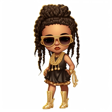African- American girl, wearing gucci dresses, LV shoe, wearing gold knuckles, gold rings, gold watche, sunglasses, Long and Curly, clipart, Short Locs + High Fade, in white background, as a Inspired Chibi and Kawaii Style