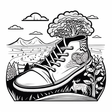 Coloring Page of Sneaker Farm Adventure: Illustrate sneakers helping farmers with chores like harvesting crops, feeding animals, and milking cows, Doodle Art, LSD, Simple Design, Clipart black and white, Flat Vector