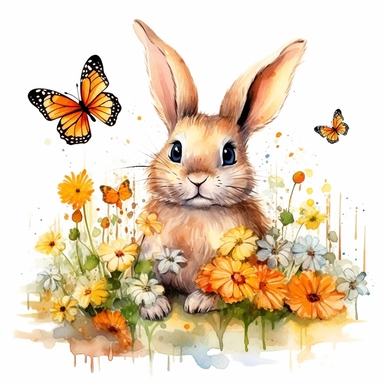 /imagie cute bunny eating a carrot surrounded by flowers and butterflys, clip art, water colored, no splashes