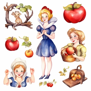 Watercolor snowwhite , illustrations clipart set, simple , cartoon elements, fairy tale theme and elements, different characters, handsome blonde prince, the huntsman, the evil queen, different variants , , separate elements with a margin