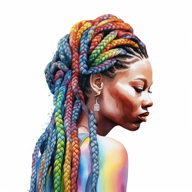 black African American woman with rainbow braids portrait clipart, watercolor style, hyper realistic, detailed, white background
