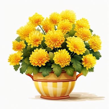 yellow Chrysanthemum, vibrant yellow, in a colorful pot, clipart, high quality, white background