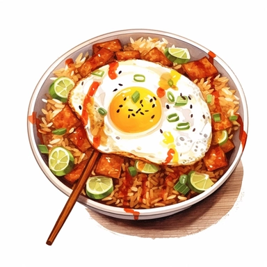 Nasi Goreng (Fried Rice) logo watercolor,simple Watercolor, hyper realistic, white background, white margins, 16k, ultra detailed clipart, cut out image, hand - drawn, whimsical manhwa style, ultra HD, sharp and clean art