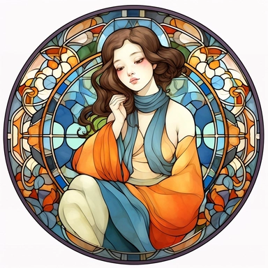 Vintage Cute Beautiful Round Stained Glass Korean fashion girl Sublimation Clipart, Cartoon, hyper realistic, intricate detail, illustration style, high solution, on the white background
